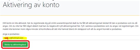 Skärmdump på aktiveringssida
