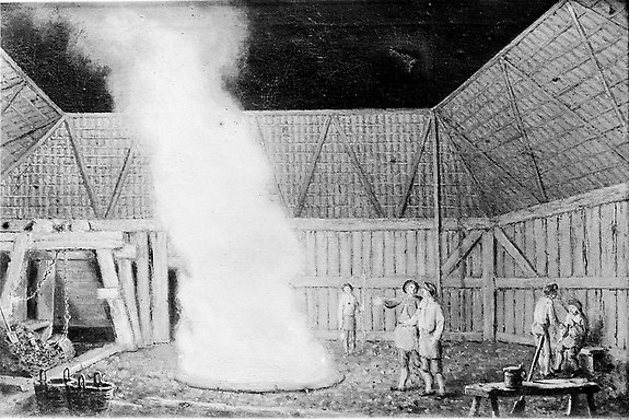 tecknad bild på människor som arbetar på ett järnbruk