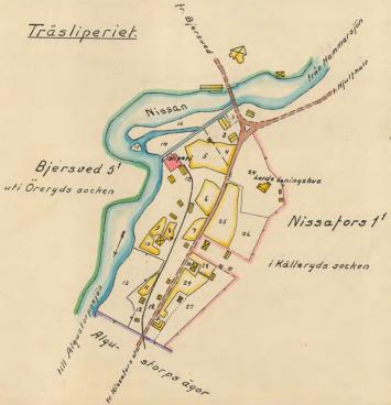 en äldre ritad karta över träsliperiet på nissafors bruk