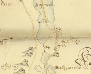 en älfre, gulnad, ritad karta från 1687