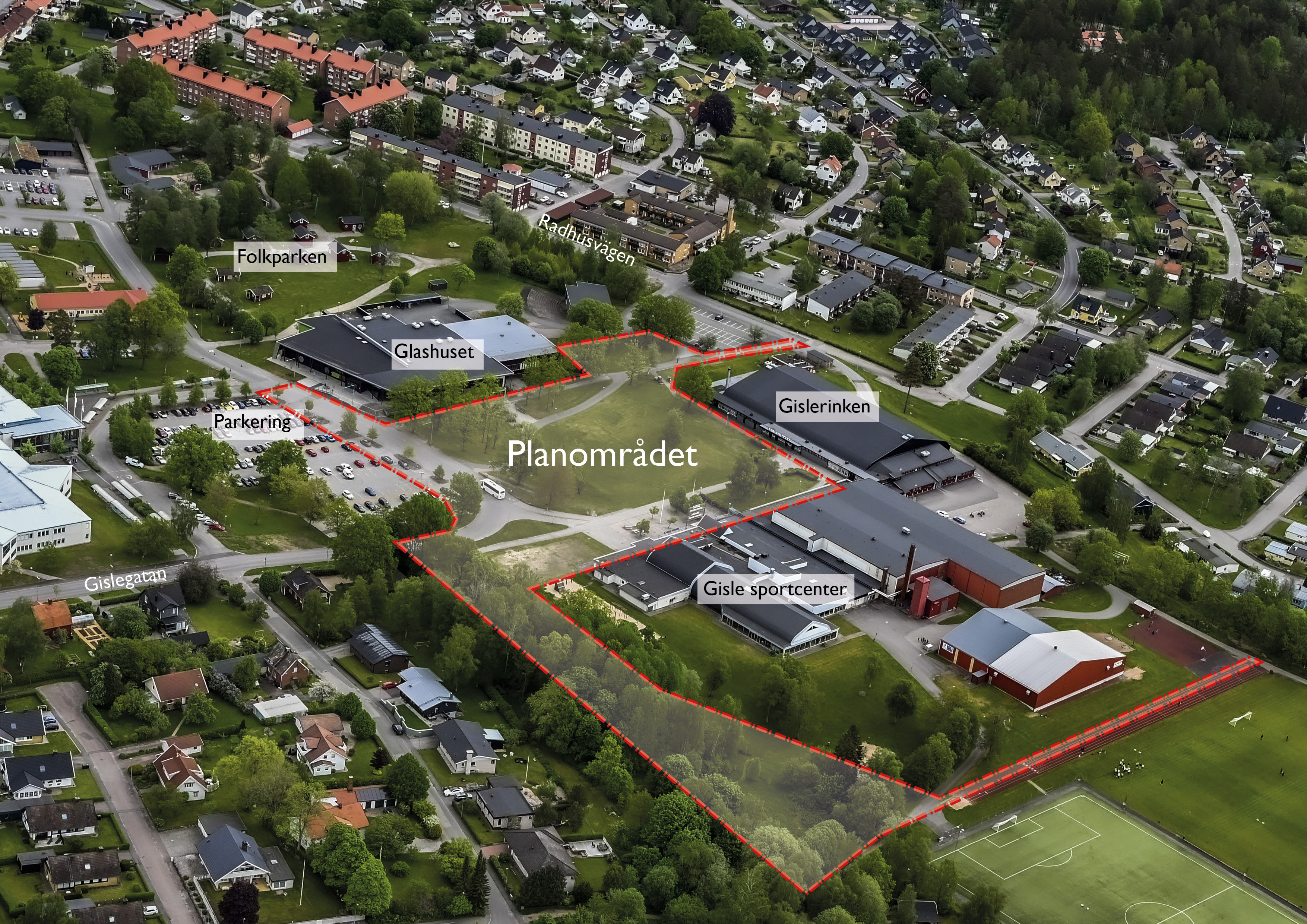 Flygbild över Gisleområdet.