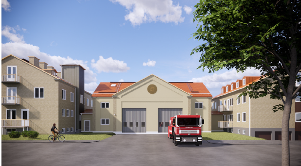 illustration över den nya brandstationen.
