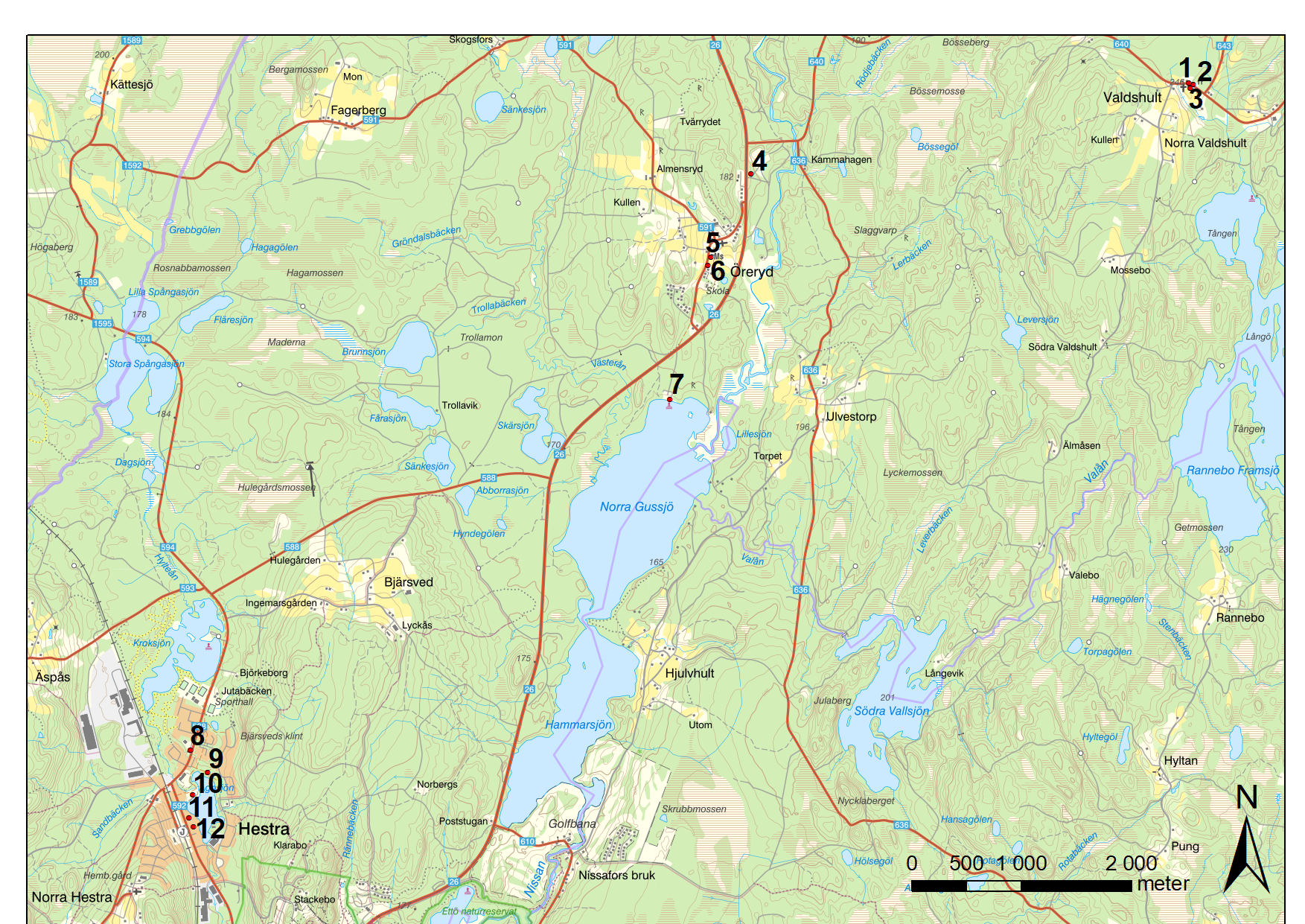 Karta över inkomna förslag, ungefärlig placering.