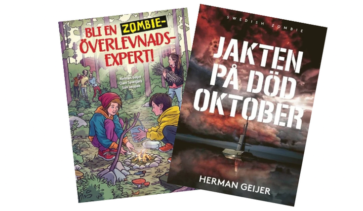 Två böcker med titlarna "Bli en zombieöverlevnadsexpert" och "Jakten på död oktober".