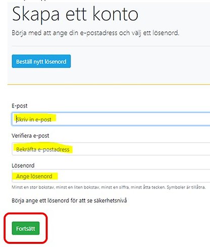 Skärmdump för att skapa ett konto