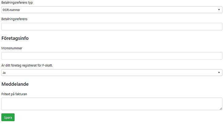 Fyll i betalningsreferens och företagsinformation