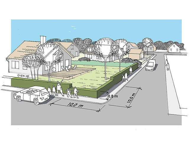 Tecknad bild av en hörntomt med häck mot gatan och häcken klippt enligt gällande krav, högst 80 cm hög i sikttriangeln