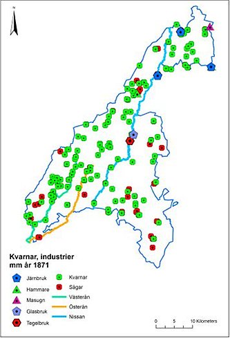 karta över Gislaveds kommun med små markörer för kvarnar, sågar och industrier