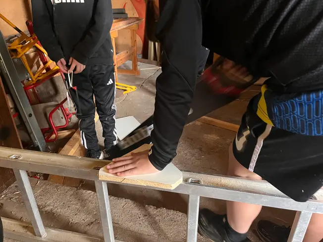 Foto på häder som håller i en fogsvans och sågar i trä.