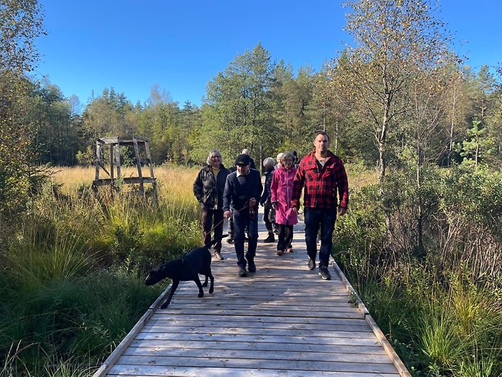 En spång i trä där ett 10-tal personer och en hund vandrar framåt.
