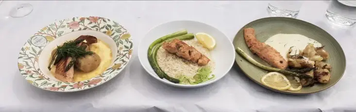 Foto på tre tallrikar med maträtter på.