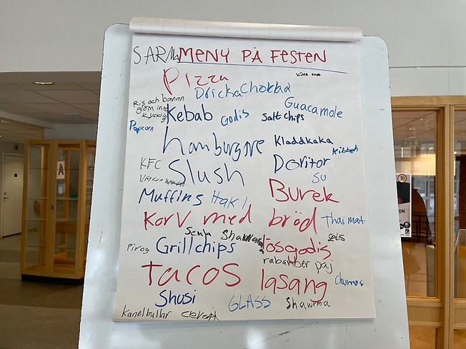 Ett blädderblock med en rad olika förslag på maträtter till festen.