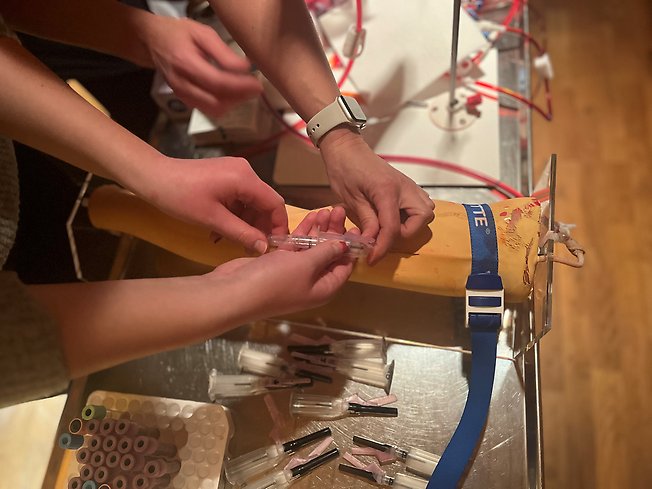 En underarm av konstmaterial som ungdomar övar att ta blodprov i med hjälp av en spruta.